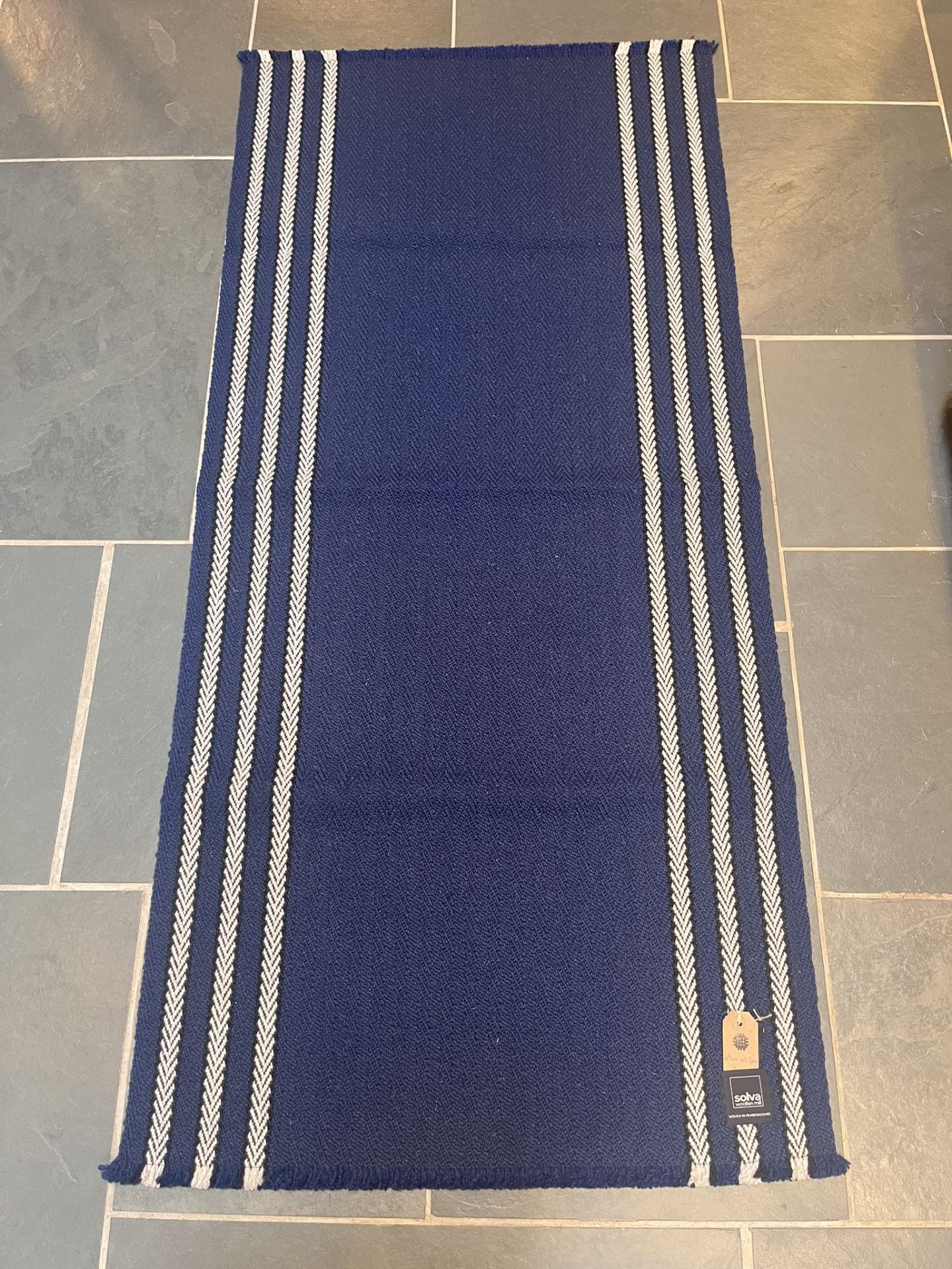 White Navy striped runner. Solva Woollen Mill